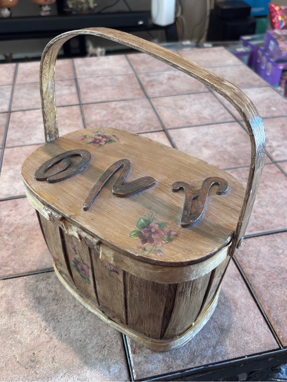 Vintage Wooden Basket Box with Handle | Floral Motifs Monogram Distressed Finish
